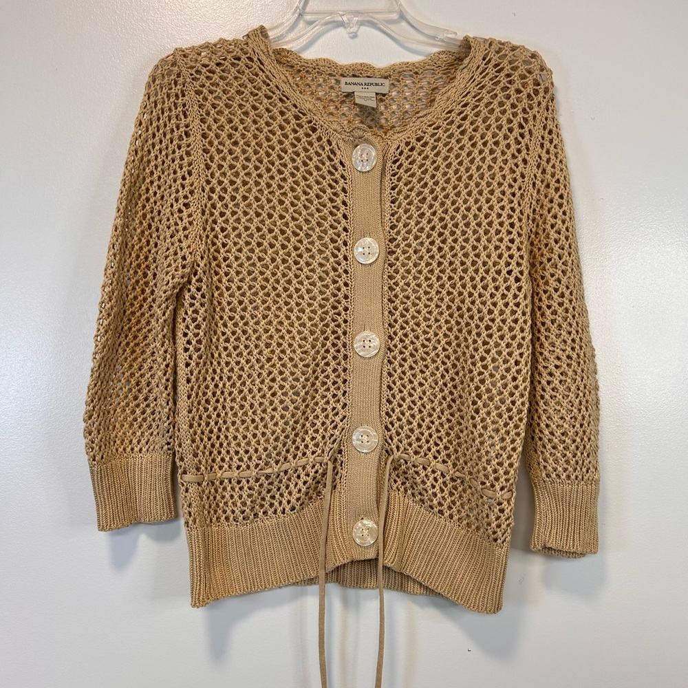 Banana Republic Beige Open-Knit Cardigan Button Up Tie Closure‎ Women’s Medium